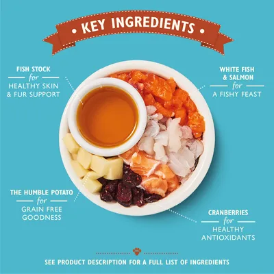 Key ingredients: fish stock for healthy skin & fur support, white fish & salmon for a fishy feast, the humble potato for grain free goodness, cranberries for healthy antioxidants.