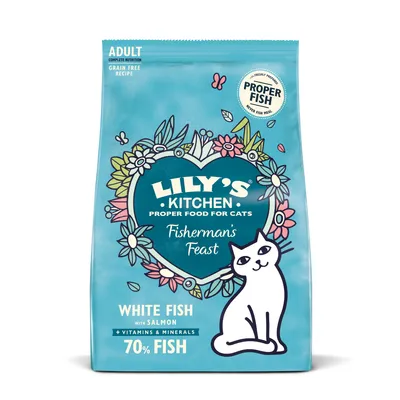 Lily's Kitchen Proper Food for Cats Fisherman's Feast, adult grain free recipe, white fish with salmon, vitamins & minerals, 70% fish. Proper Fish badge visible on pack.