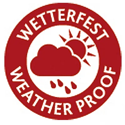 Väderbeständig-symbol med moln, sol och regndroppar. Text: Wetterfest, Weather Proof.