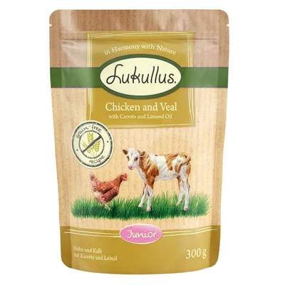 Lukullus Junior kylling og kalv med gulerod og hørfrøolie, 300g. Kornfri opskrift, i harmoni med naturen.