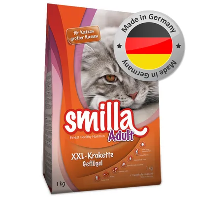Confezione Smilla Adult XXL-Krokette Geflügel 1 kg, per gatti di grandi razze. Testo visibile: Made in Germany, Finest Healthy Nutrition, Dental Care, Taurine, Vitamine A & E.