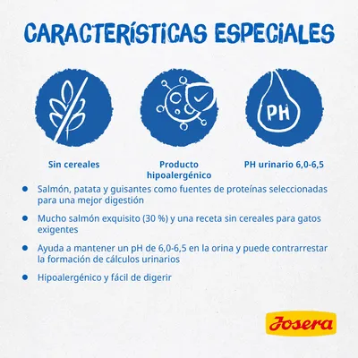 Características especiales: sin cereales, producto hipoalergénico, pH urinario 6,0–6,5. Salmón, patata y guisantes como proteínas, 30 % salmón, ayuda a mantener el pH, fácil de digerir. Josera.