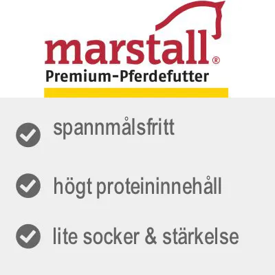 marstall Premium-Pferdefutter. spannmålsfritt, högt proteininnehåll, lite socker & stärkelse. Text på tyska och svenska.