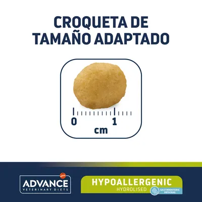 Croqueta de tamaño adaptado, diámetro aproximado 1 cm. Texto visible: ADVANCE Veterinary Diets, HYPOALLERGENIC HYDROLISED, Gastroenteric Dieta Dual.