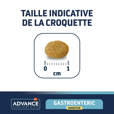 Taille indicative de la croquette Advance Veterinary Diets Gastroenteric Sensitive : environ 1 cm, visuel avec règle graduée en centimètres.