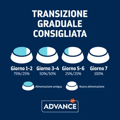 Transizione graduale consigliata: Giorno 1–2 75%/25%, Giorno 3–4 50%/50%, Giorno 5–6 25%/25%, Giorno 7 100%. Alimentazione antigua, nuova alimentazione. Advance.