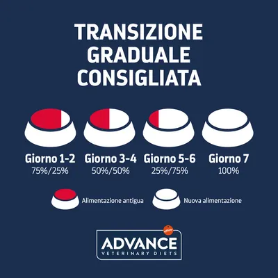 Tabella transizione graduale consigliata: Giorno 1-2 75%/25%, Giorno 3-4 50%/50%, Giorno 5-6 25%/75%, Giorno 7 100%. Advance Veterinary Diets.