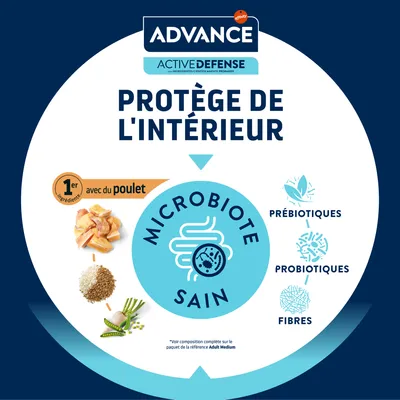 Advance ActiveDefense protège de l’intérieur, 1er ingrédient avec du poulet, microbiote sain, prébiotiques, probiotiques, fibres. Voir composition sur le paquet Adult Medium.