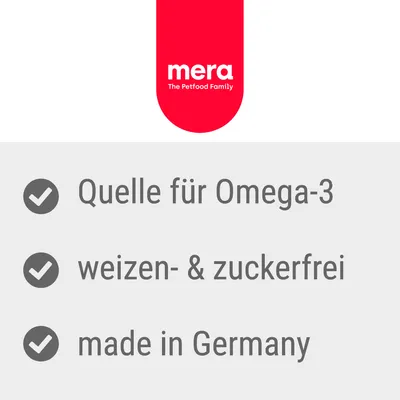 mera The Petfood Family. Quelle für Omega-3, weizen- & zuckerfrei, made in Germany. Testo in tedesco.