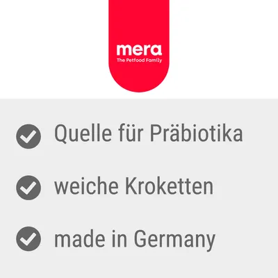mera The Petfood Family. Quelle für Präbiotika, weiche Kroketten, made in Germany (besedilo v nemščini).