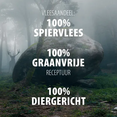 Vleesaandeel: 100% spiervlees, 100% graanvrije receptuur, 100% diergericht. Tekst in beeld ondersteunt aankoopbeslissing.