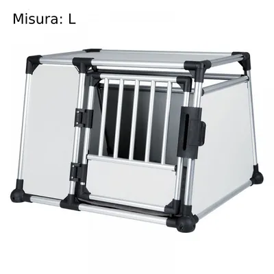 Trasportino in metallo e pannelli chiari con porta a sbarre, misura: L visibile in alto a sinistra.