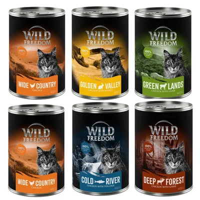 6 boîtes de pâtée pour chat Wild Freedom 400 g : Wide Country Chicken, Golden Valley Chicken with Rabbit, Green Lands Chicken with Lamb, Cold River Chicken with Pollock, Deep Forest Chicken with Game.