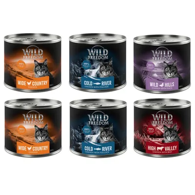Boîtes de pâtée pour chat Wild Freedom 200 g : Wide Country Chicken, Cold River Chicken with Pollock, Wild Hills Chicken with Duck, High Valley Chicken with Beef. Marques et saveurs visibles.