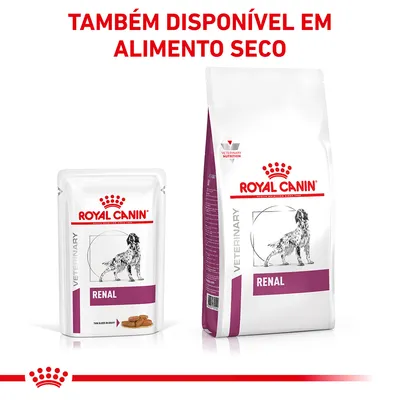 ROYAL CANIN VETERINARY RENAL, embalagem húmida e seca para cão. Texto: 'TAMBÉM DISPONÍVEL EM ALIMENTO SECO'.
