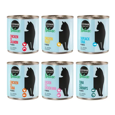 6 boîtes Cosma Nature pour chat : Chicken and Salmon, Chicken Fillet, Skipjack Tuna, Chicken and Tuna, Chicken with Chicken Ham, Tuna with Shrimps. Texte en anglais sur les étiquettes.