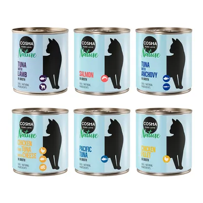 Cosma Nature Katzenfutter in Brühe, Sorten: Thunfisch mit Lamm, Lachs, Thunfisch mit Sardellen, Huhn und Thunfisch mit Käse, Pazifik-Thunfisch, Hühnerfilet. 100% natürliche Zutaten.