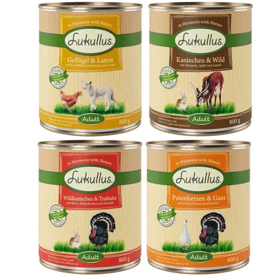 Lukullus Nassfutter für Hunde, Sorten: Geflügel & Lamm, Kaninchen & Wild, Wildkaninchen & Truthahn, Putenherzen & Gans, jeweils 800g Dose. Mit natürlichen Zutaten und Adult-Label.