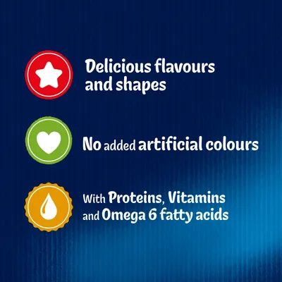 Delicious flavours and shapes, no added artificial colours, with proteins, vitamins and omega 6 fatty acids.