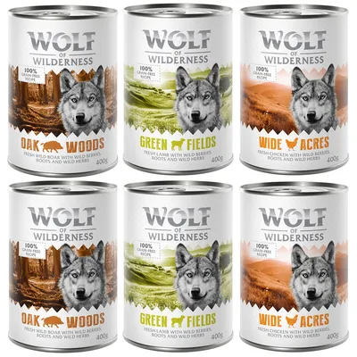 Wolf of Wilderness Nassfutter, Sorten: Oak Woods (Wildschwein), Green Fields (Lamm), Wide Acres (Huhn), 100% getreidefreie Rezeptur, 400g Dosen.