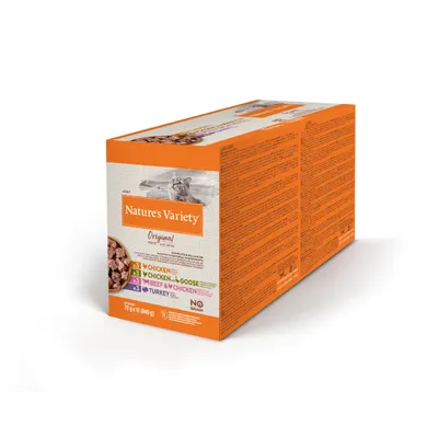 Boîte Nature's Variety Original pour chat adulte, 12 x 70 g. Variétés visibles : poulet, poulet et oie, bœuf et poulet, dinde. Texte visible : No Grain.