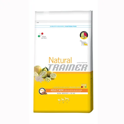 Natural Trainer Adult Mini Pollo-Riso-Aloe Vera -koiranruoka pienille roduille alle 10 kg. Made in Italy. Pakkauskuvassa sitruuna, riisi ja kukkia.