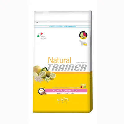 Sac Natural Trainer Puppy & Junior Mini, pentru rase mini <10 kg. Text vizibil: Made in Italy, Alimento funzionale, Functional food, NPS, imagini cu lămâi și cereale.