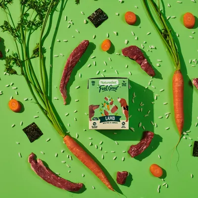 Naturediet Feel Good Lamb with rice and carrots, surrounded by raw lamb pieces, carrots, rice grains and seaweed, highlighting main ingredients.