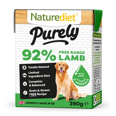 Product packaging showing 92% free range lamb, totally natural, limited ingredient diet, complete and balanced, grain and gluten free recipe, with added vitamins and minerals, 390g.