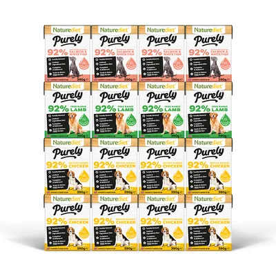 Multipack of Naturediet Purely wet food showing 92% meat content in salmon and white fish, free range lamb, and British farmed chicken varieties, each pack 390g.