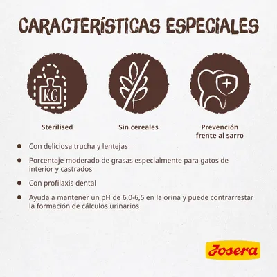 Características especiales: Sterilised, sin cereales, prevención frente al sarro. Trucha y lentejas, grasas moderadas para gatos de interior y castrados, profilaxis dental, pH 6,0–6,5. Josera.