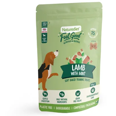 Lamb with mint soft baked training treats, approx. 75 mini bones per pack. Gentle digestion, only natural ingredients, grain free, environmentally kind, plastic free packaging.