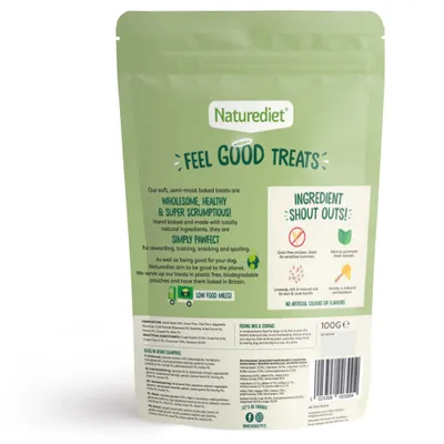 Naturediet Feel Good Treats, grain-free recipe, made with natural ingredients, no artificial colours or flavours, low food miles, in a 100g biodegradable pouch.