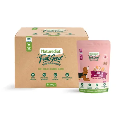 Naturediet Feel Good soft baked training treats, turkey with salmon flavour. Suitable from 2+ months, gentle digestion, only natural ingredients, grain free, environmentally kind.