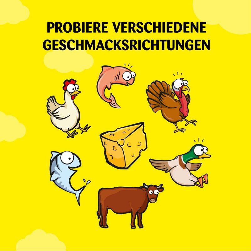 Tekst på tysk: PROBIERE VERSCHIEDENE GESCHMACKSRICHTUNGEN. Tegninger af kylling, laks, kalkun, ost, fisk, oksekød og and på gul baggrund.