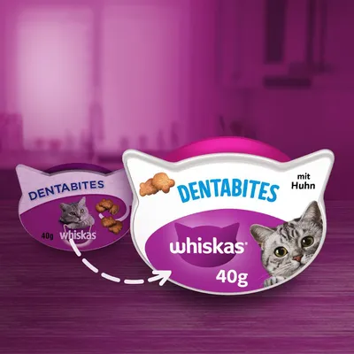Emballage Whiskas Dentabites 40g, forme tête de chat, texte visible : 'DENTABITES', 'whiskas', '40g', 'mit Huhn', image d’un chat et friandises en forme d’os.
