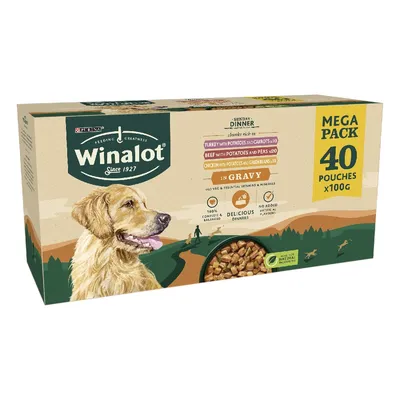 Winalot mega pack with 40 pouches of food in gravy, including turkey with potatoes and carrots, beef with potatoes and peas, chicken with potatoes and green beans, 100g each.
