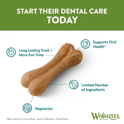 Dental treat with features: long lasting for more fun, supports oral health, vegetarian, limited number of ingredients. Text: Start their dental care today.
