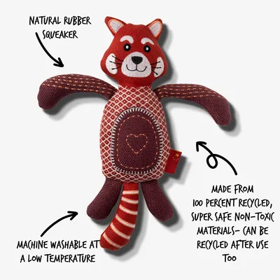 Toy with natural rubber squeaker, machine washable at a low temperature, made from 100 percent recycled, super safe non-toxic materials, can be recycled after use.