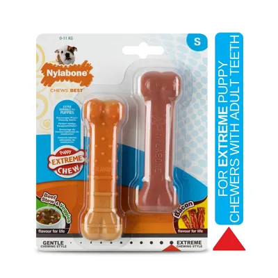 Two chew bones for extreme chewers with adult teeth, beef stew and bacon flavours, extra durable for puppies, suitable for gentle to extreme chewing styles, 0-11 kg.
