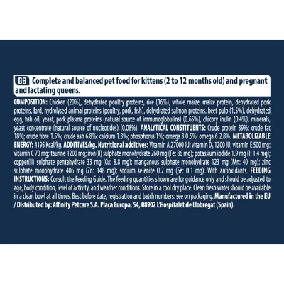 Label showing ingredients, analytical constituents, nutritional additives, energy content, feeding instructions and manufacturer details for complete kitten food.