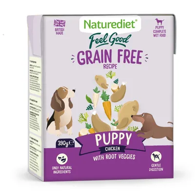 Naturediet Feel Good grain free recipe, puppy chicken with root veggies, 390g. Only natural ingredients and gentle digestion indicated. British made, complete wet food.