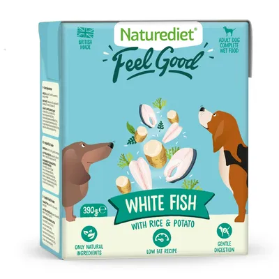 Naturediet Feel Good white fish with rice and potato, adult dog complete wet food, 390g. Only natural ingredients, low fat recipe, gentle digestion. British made.