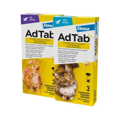 AdTab kauwtabletten voor katten, Elanco merk. Twee verpakkingen: 0,5–2,0 kg (12 mg) en >2,0–8,0 kg (48 mg). Doodt vlooien en teken, werkzaam 30 dagen. Bevat 3 tabletten per verpakking.