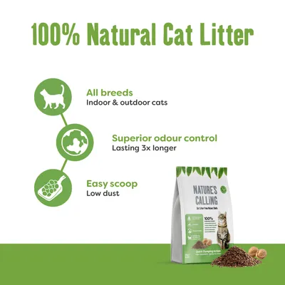 Nature's Calling 100% Natural Cat Litter, text: All breeds indoor & outdoor cats, Superior odour control lasting 3x longer, Easy scoop low dust, balení a stelivo na obrázku.