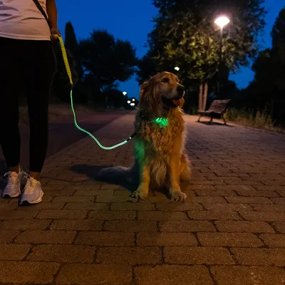 Hund mit leuchtendem Halsband und Leine bei Nacht, begleitet von einer Person. Sichtbarkeit im Dunkeln durch LED-Beleuchtung.