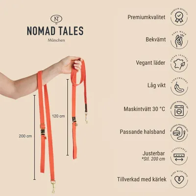 Nomad Tales München koppel i veganskt läder, längd 120–200 cm. Egenskaper: premiumkvalitet, bekvämt, låg vikt, maskintvätt 30 °C, justerbar, tillverkad med kärlek.