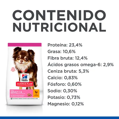 Hill's Science Plan Adult 1-6 Light con pollo. Contenido nutricional: proteína 23,4 %, grasa 10,6 %, fibra bruta 12,4 %, omega-6 2,9 %, ceniza 5,3 %, calcio 0,83 %, fósforo 0,60 %.