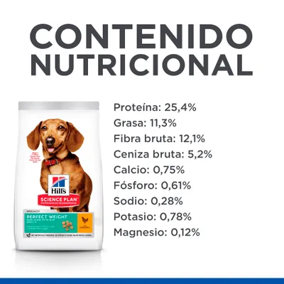 Hill's Science Plan Perfect Weight para perros. Contenido nutricional: proteína 25,4 %, grasa 11,3 %, fibra bruta 12,1 %, ceniza bruta 5,2 %, calcio 0,75 %, fósforo 0,61 %, sodio 0,28 %, potasio 0,78 %, magnesio 0,12 %.