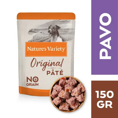 Nature's Variety Original Paté NO GRAIN, PAVO, 150 GR. Imagen del envase y cuenco con trozos de paté para perros.